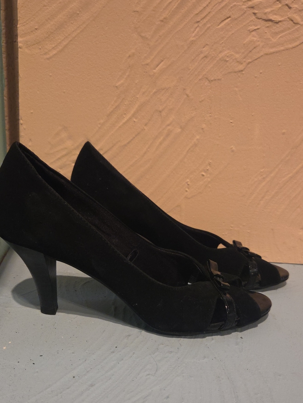 Life Stride Black Suede Peep-Toe Heels with Bow Accent